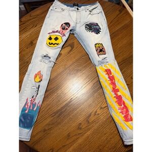 Cooper 9 Los Angeles Mens 34 Light Wash Graphic Distressed Streetwear Jeans
